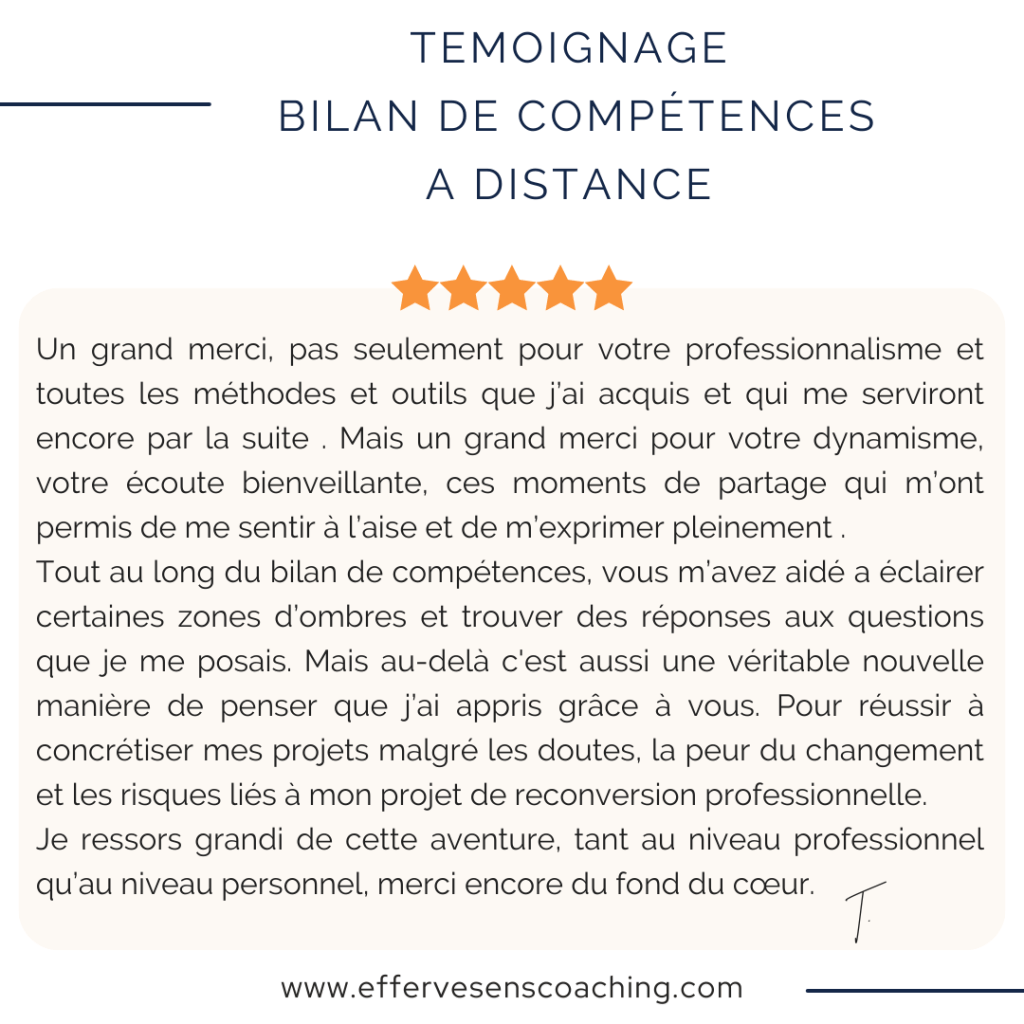 Avis / Témoignages 
Bilan de Compétences à distance 
EffervéSens Coaching 
Sabrina Kabbaj 