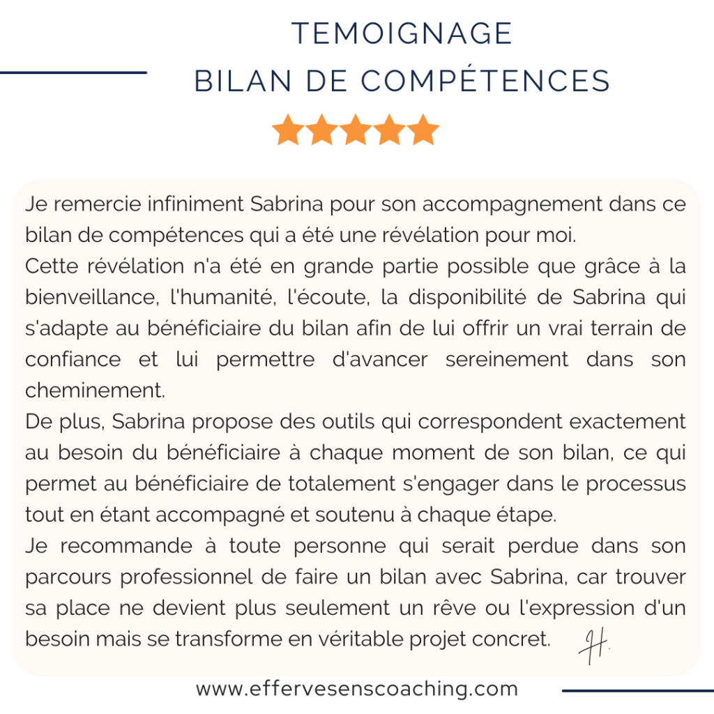 Avis / Témoignages 
Bilan de Compétences à distance 
EffervéSens Coaching 
Sabrina Kabbaj 
