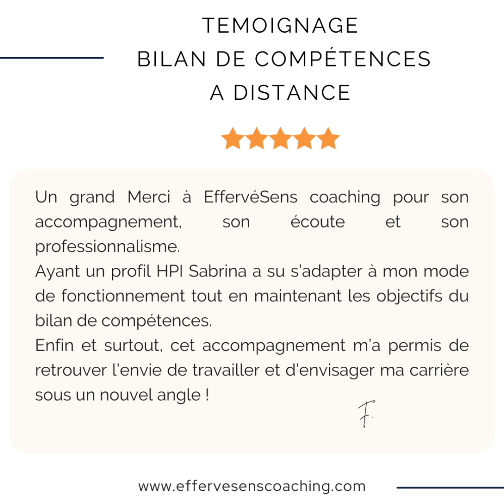 Avis / Témoignages 
Bilan de Compétences à distance 
EffervéSens Coaching 
Sabrina Kabbaj 