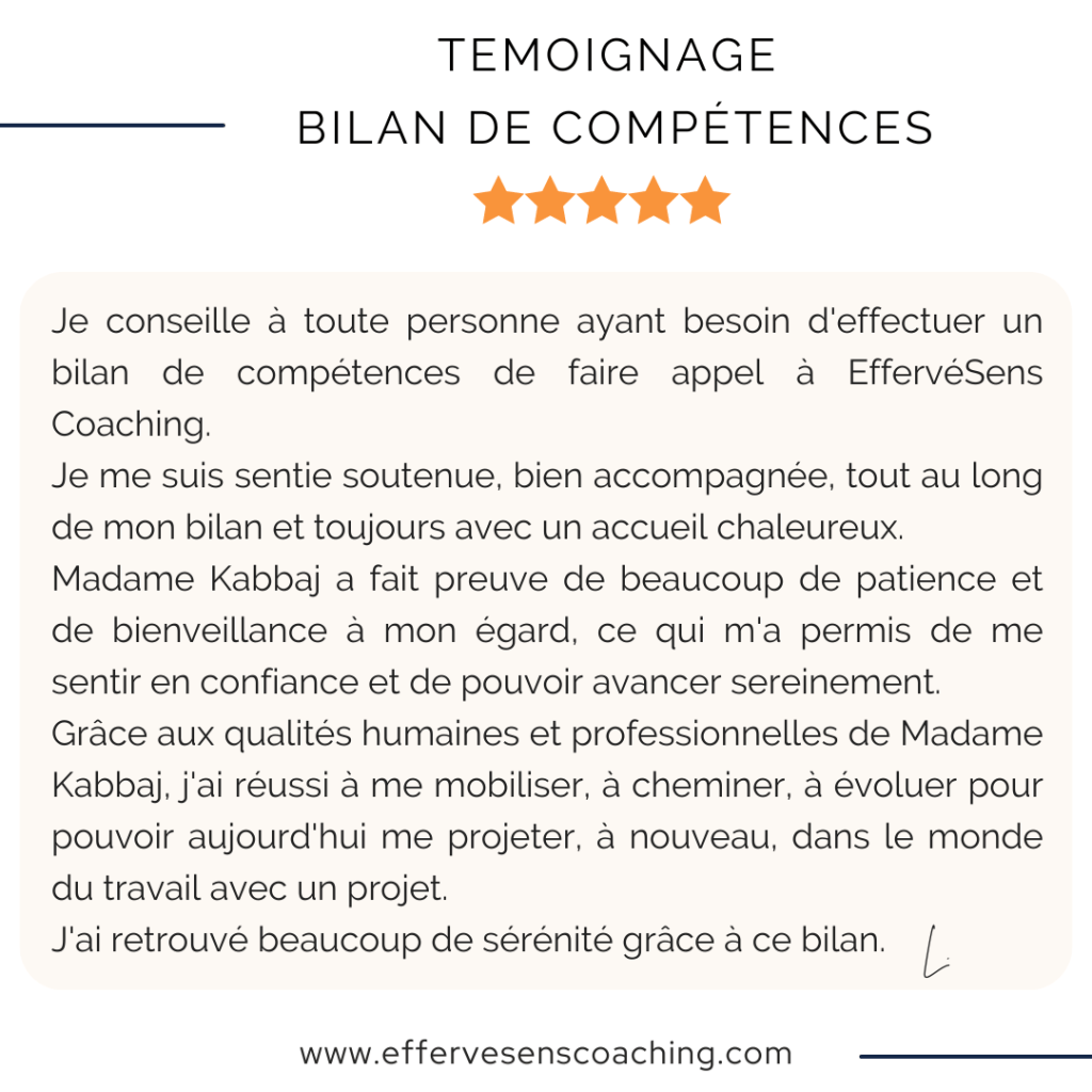 Témoignage / Avis 
Bilan de Compétences 
EffervéSens Coahing 
Sabrina Kabbaj
